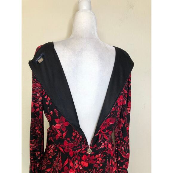 Tommy Hilfiger Long‎ Sleeve Midi Dress Faux Wrap V-neck Floral Red Black Elegant - Picture 5 of 16